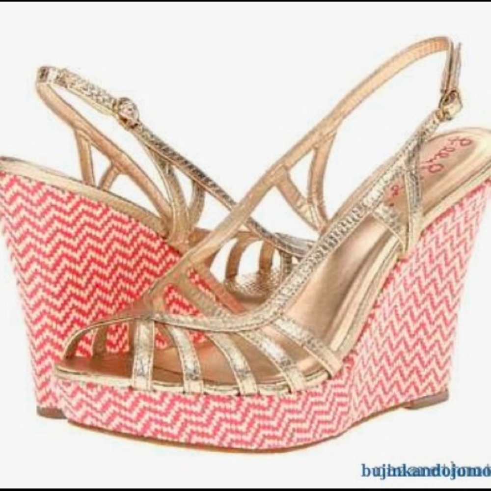 Lilly Pulitzer Gold Pink Chevron Wedges Size 6